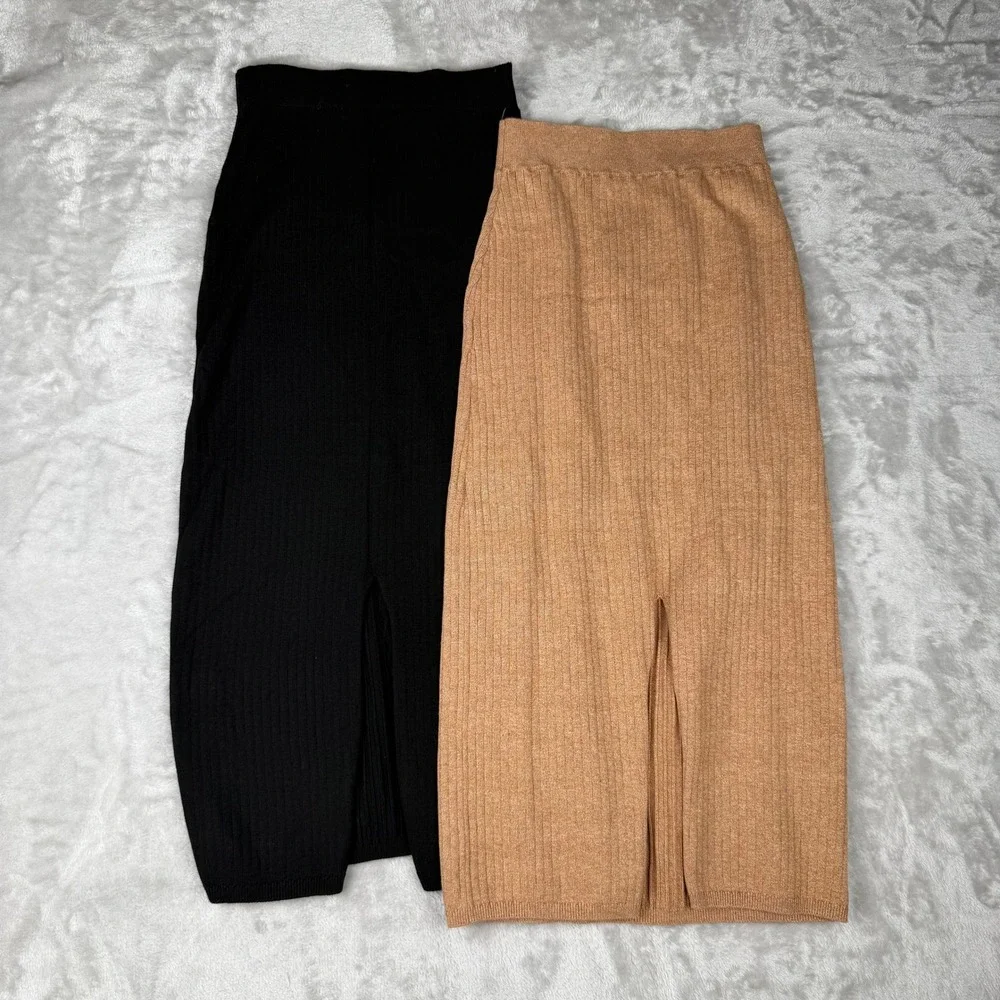 Free People Ribbed Knit Midi Skirt Set Black Camel S